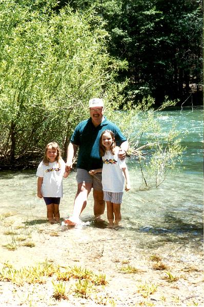 Stephanie, Marty and Gretchen standing in the 40 degree Kings River.jpg - 1996 - Kings River, Kings Canyon NP, CA - Stephanie, Marty & Gretchen